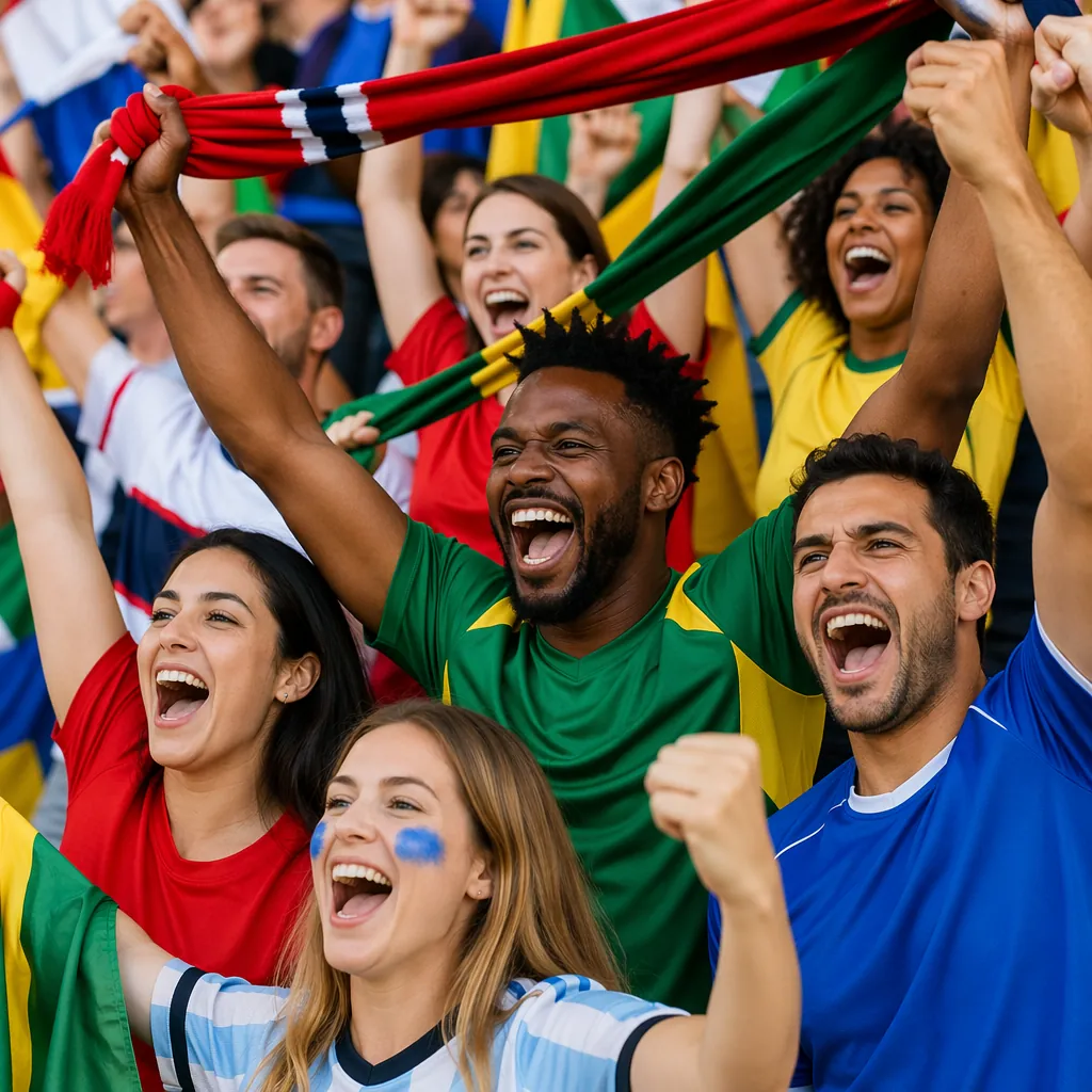 Group of diverse, enthusiastic football fans cheering, wearing generic unbranded