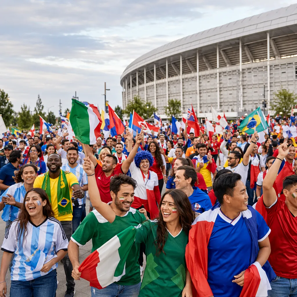 Wide shot of diverse football fans gathering outside a modern stadium, wearing c