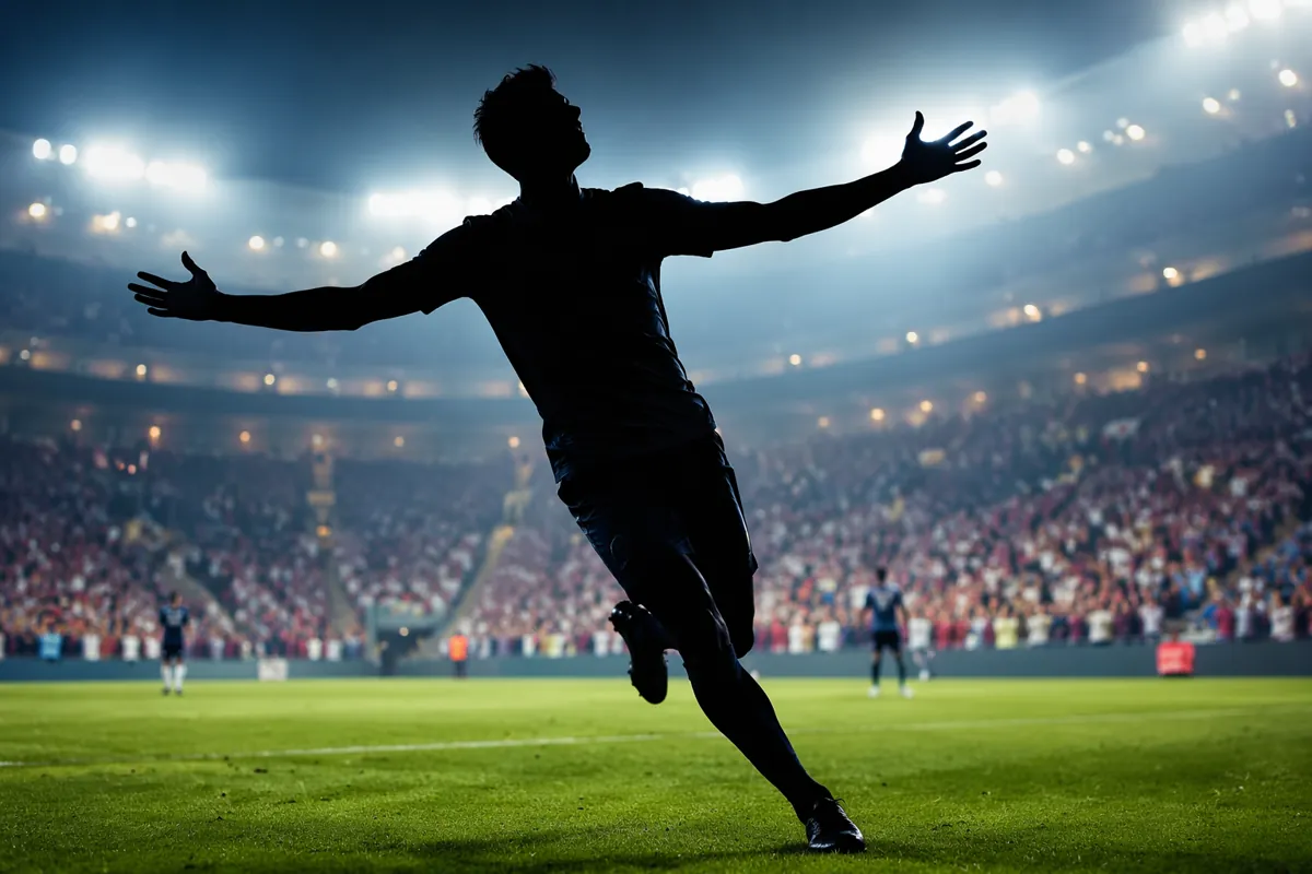 Silhouette of a fast male football striker celebrating a goal on a world cup stadium pitch