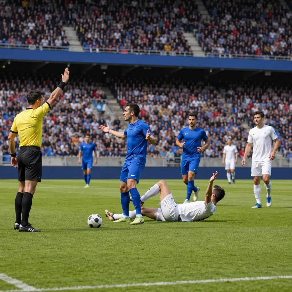 Wide shot of a football match in progress with players from two teams in neutral