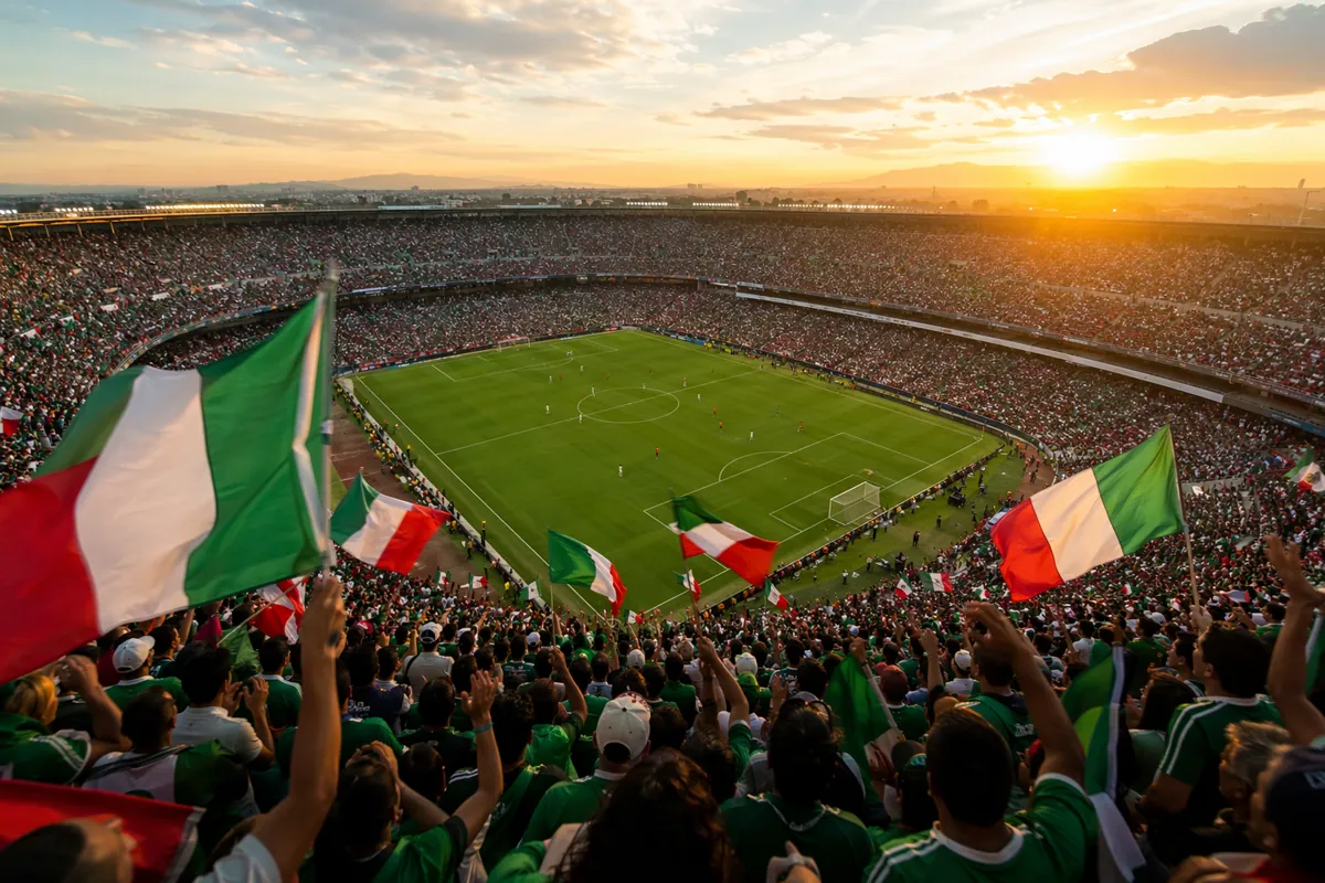 Wide shot of a packed football stadium in Mexico, vibrant green and red fan flags waving,