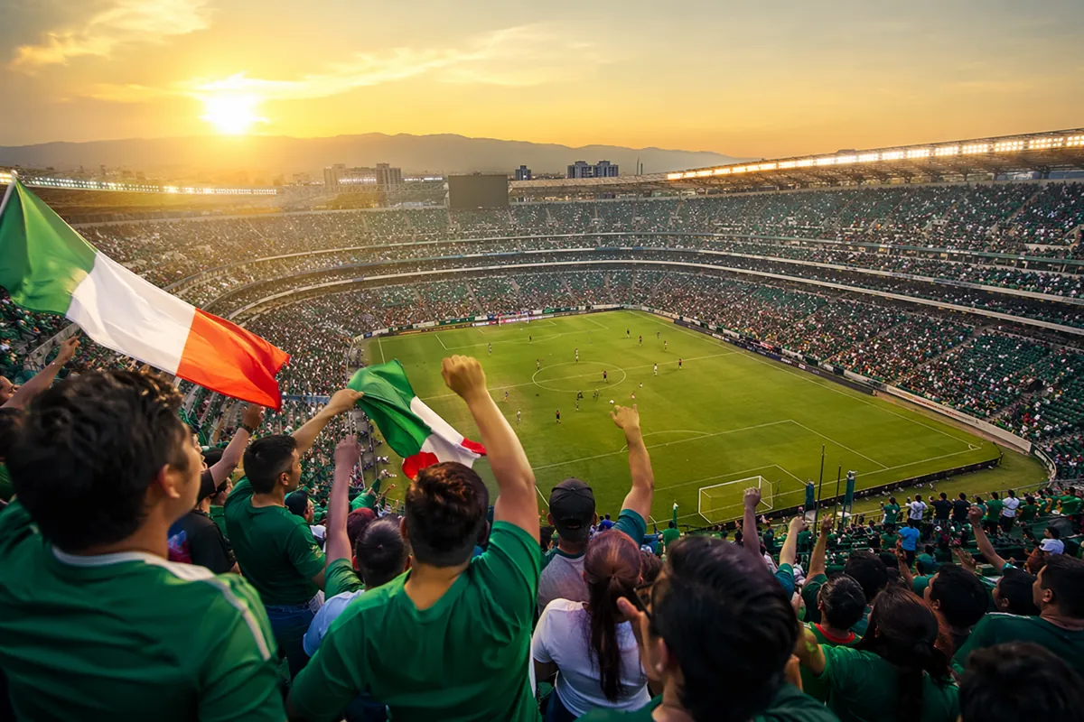 Wide shot of a vibrant football stadium in Mexico during golden hour, with cheering fans w