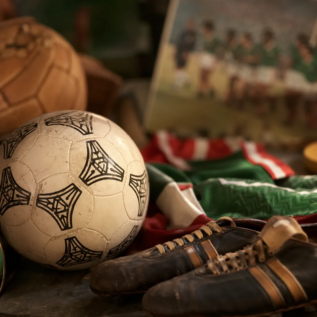 Close up of vintage World Cup memorabilia from Mexico's previous participations,