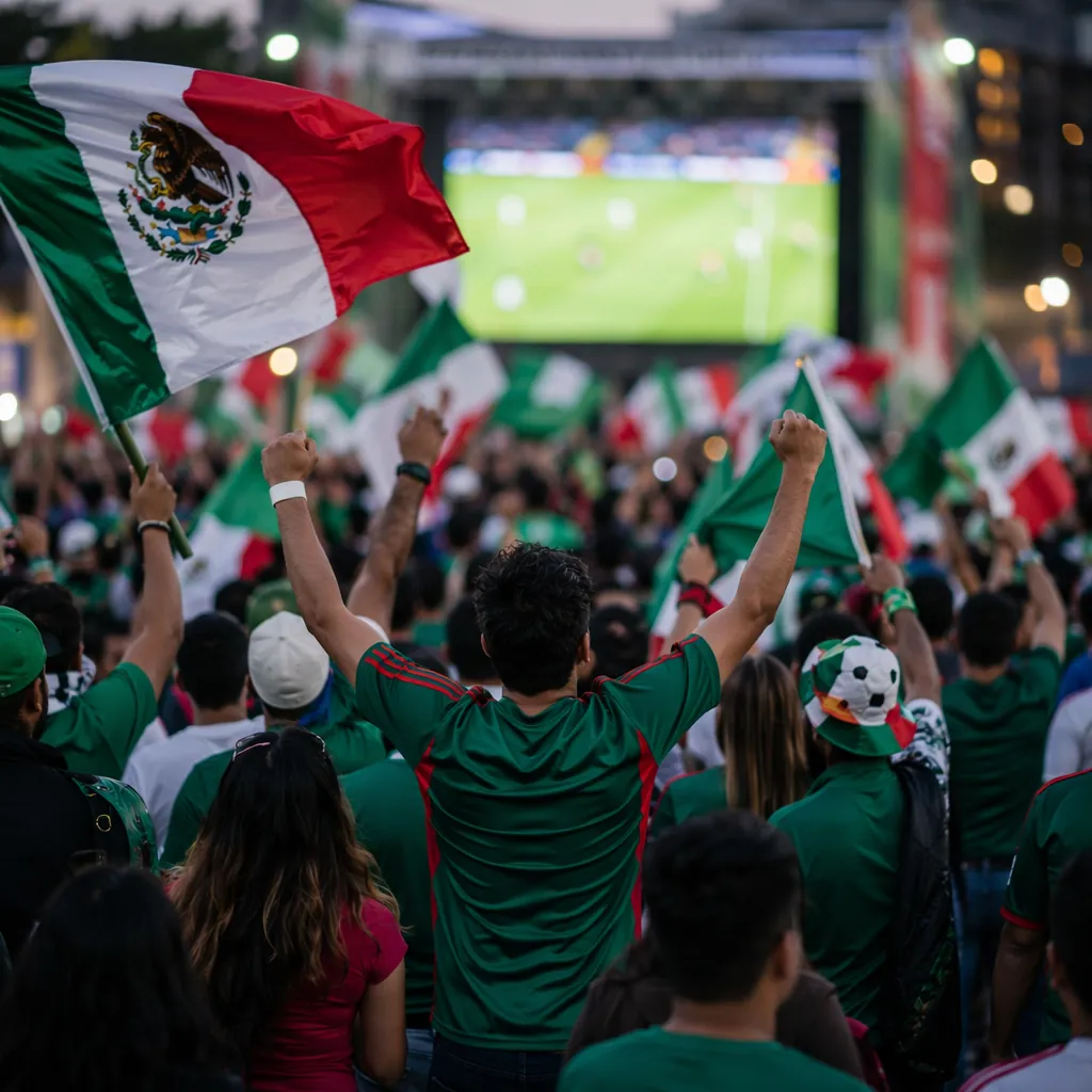 Wide shot of Mexican football fans celebrating in a public viewing area, green a