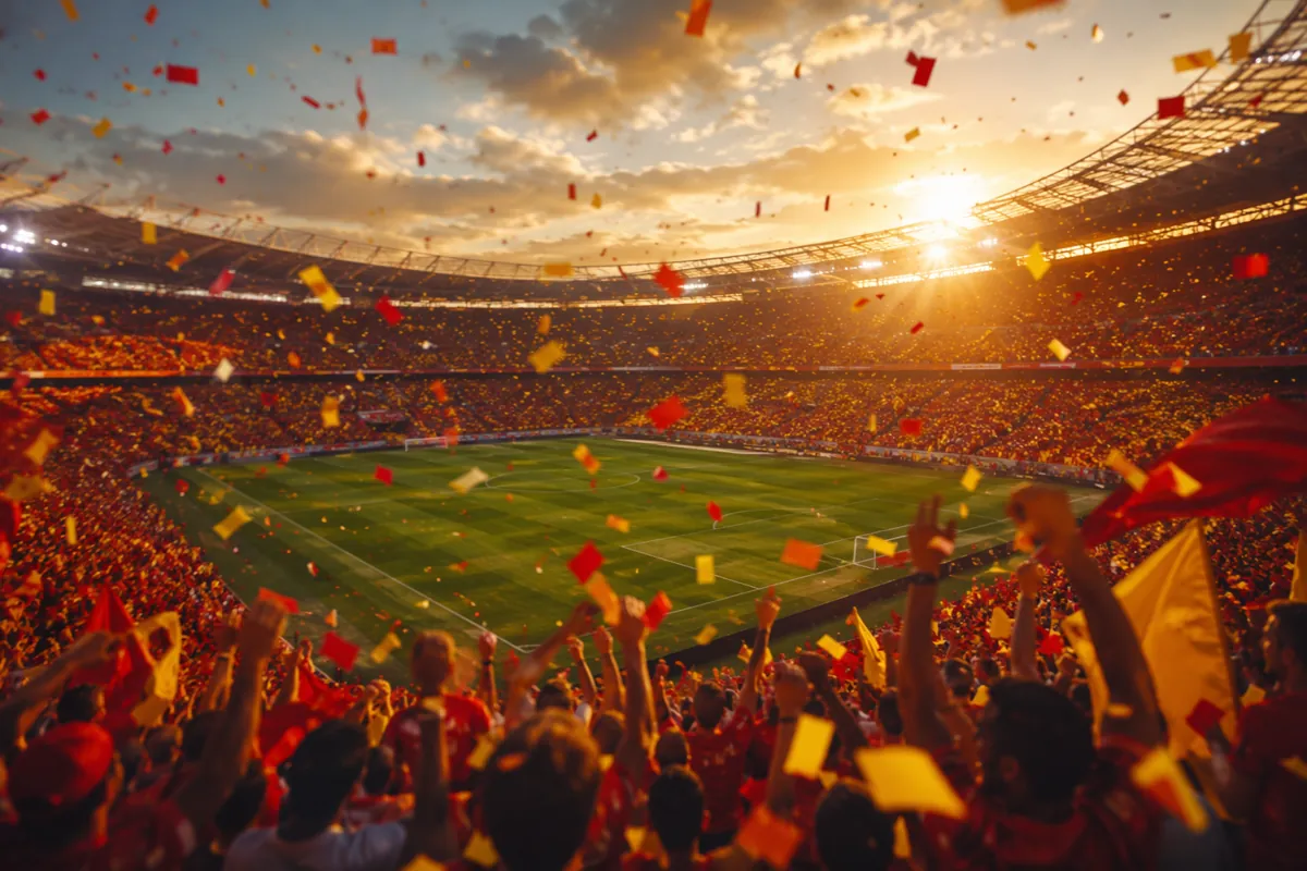 Wide shot of a vibrant football stadium at golden hour, red and yellow confetti falling ge