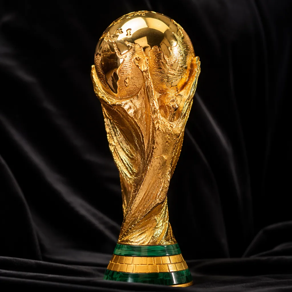 Close-up of a golden world football trophy on a dark velvet background, soft stu
