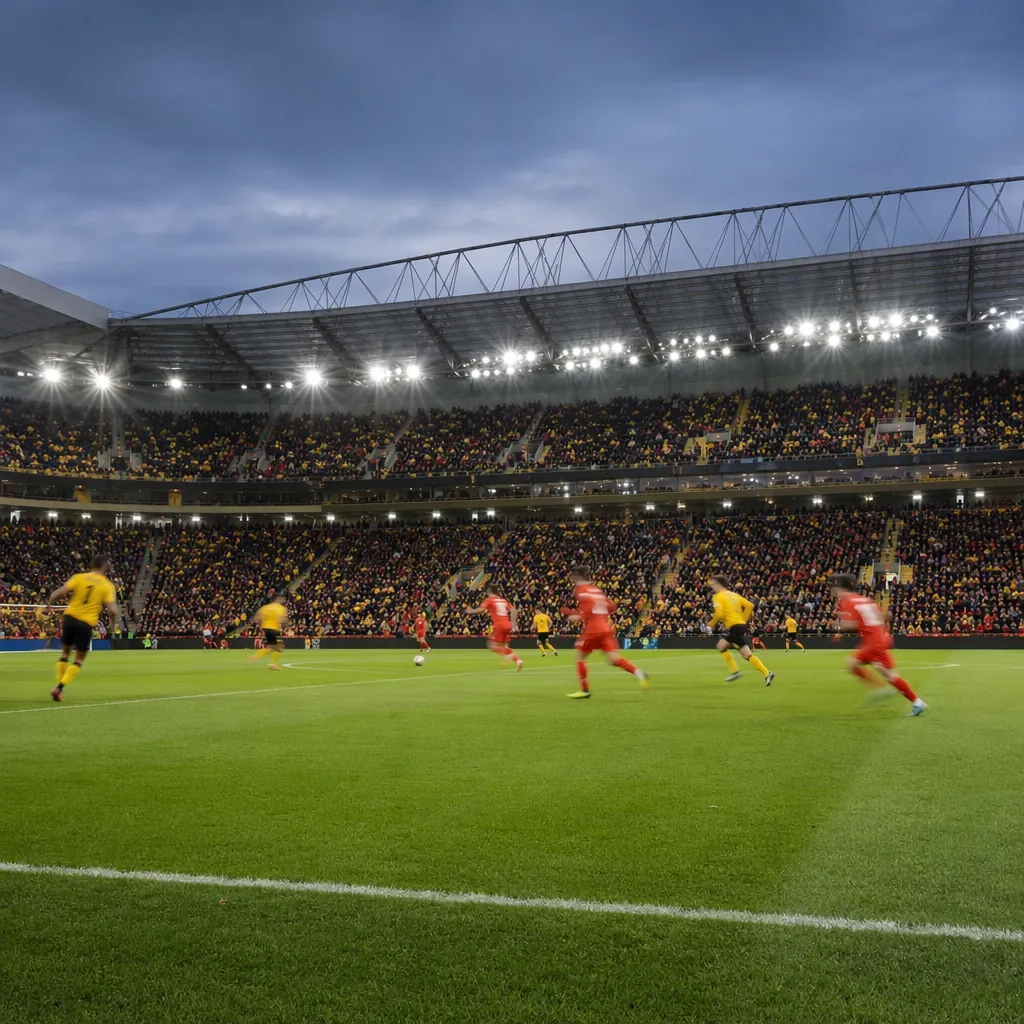 Wide shot of a football pitch with generic players in red and yellow kits runnin