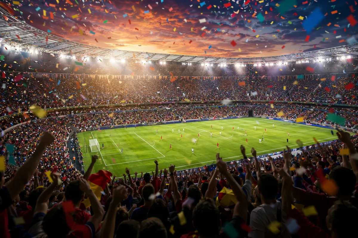 Wide shot of a vibrant football stadium during World Cup match, colorful confetti falling,