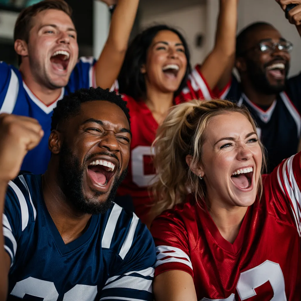 Close up of diverse football fans celebrating at a viewing party, wearing generi