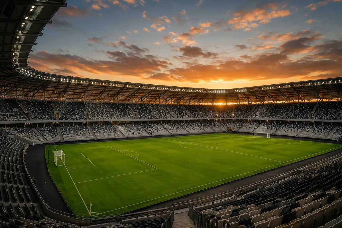 Wide shot of a professional soccer stadium at dusk, vibrant green pitch, soft golden hour