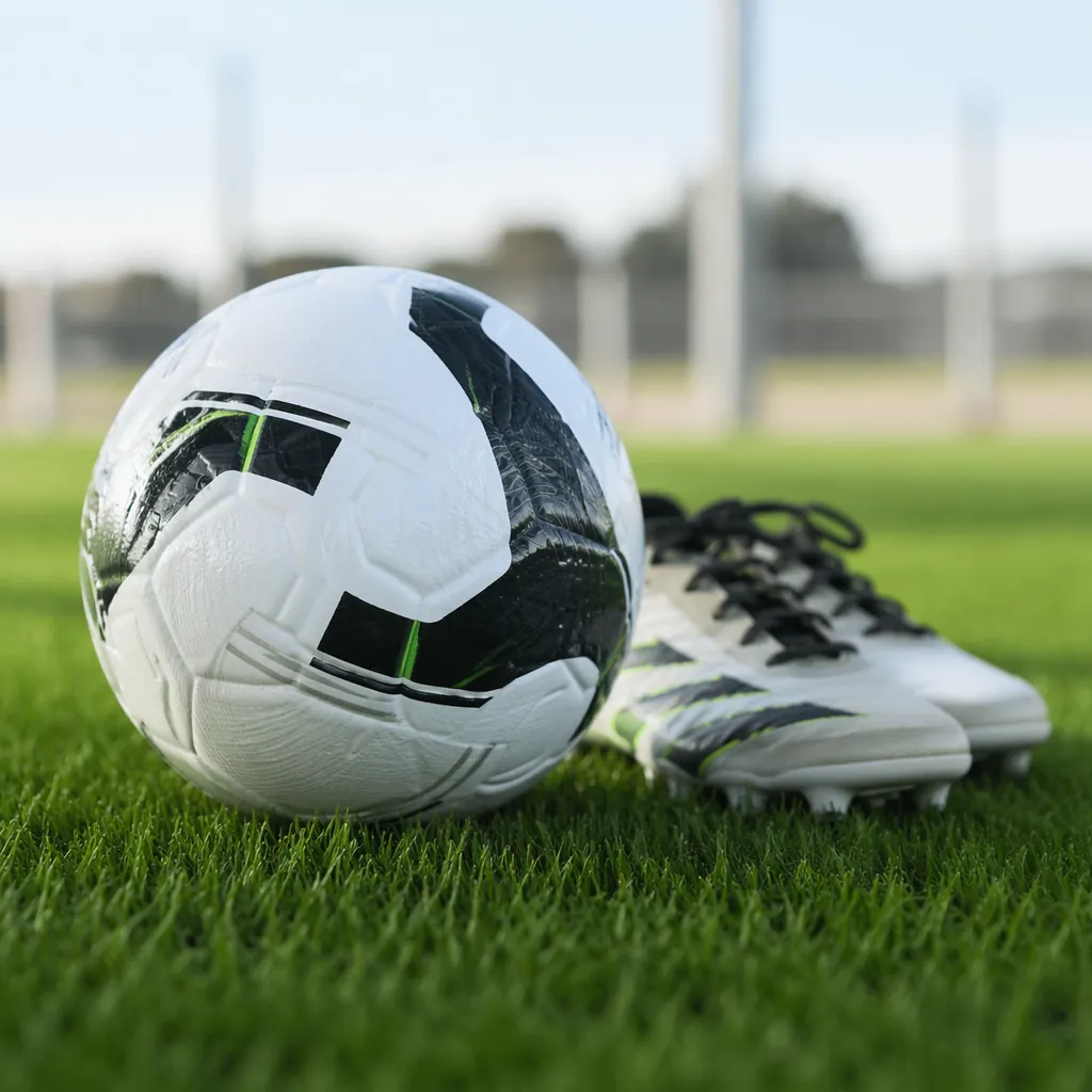 Close up of official match ball and soccer cleats on green grass, blurred traini