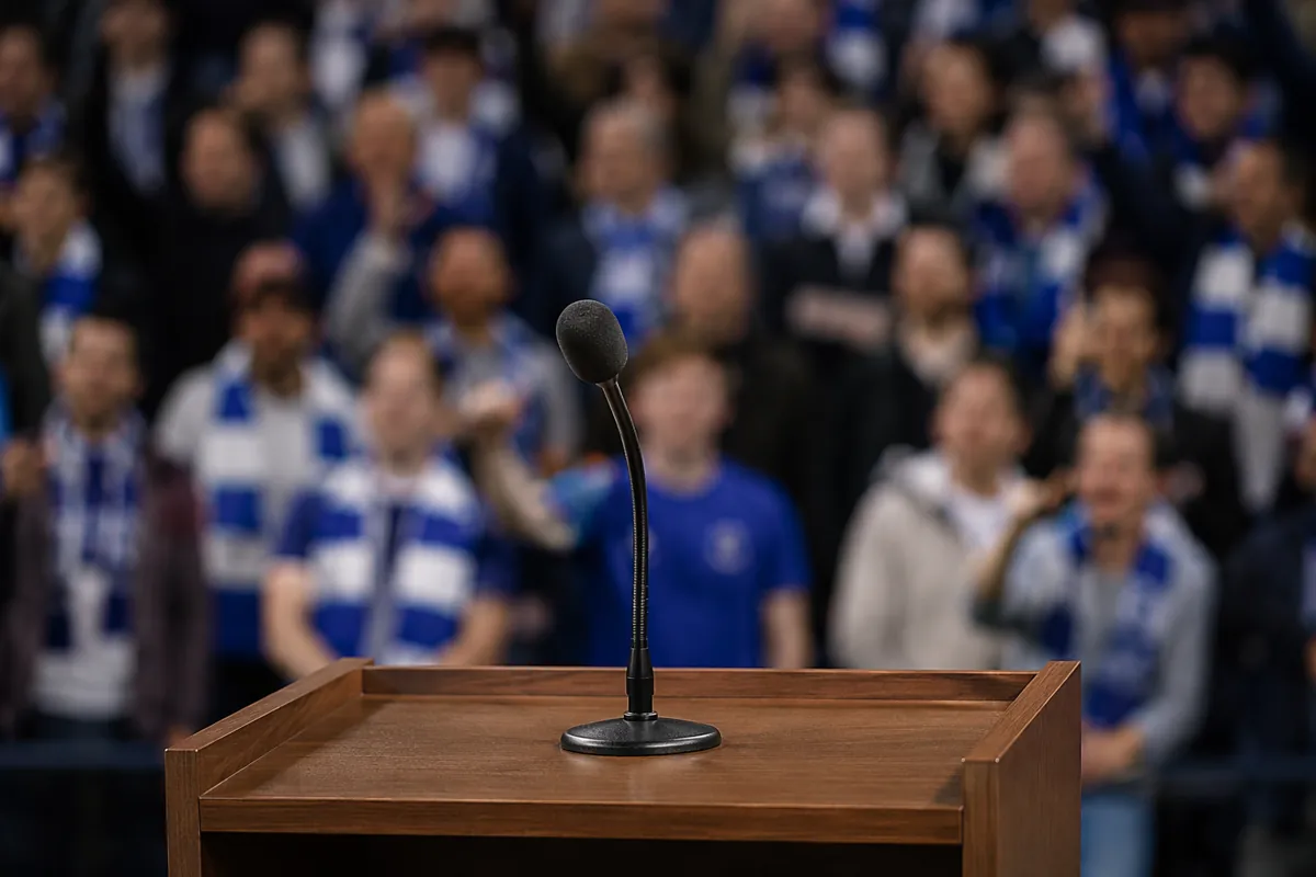 Professional football press conference scene, empty wooden podium with a single microphone