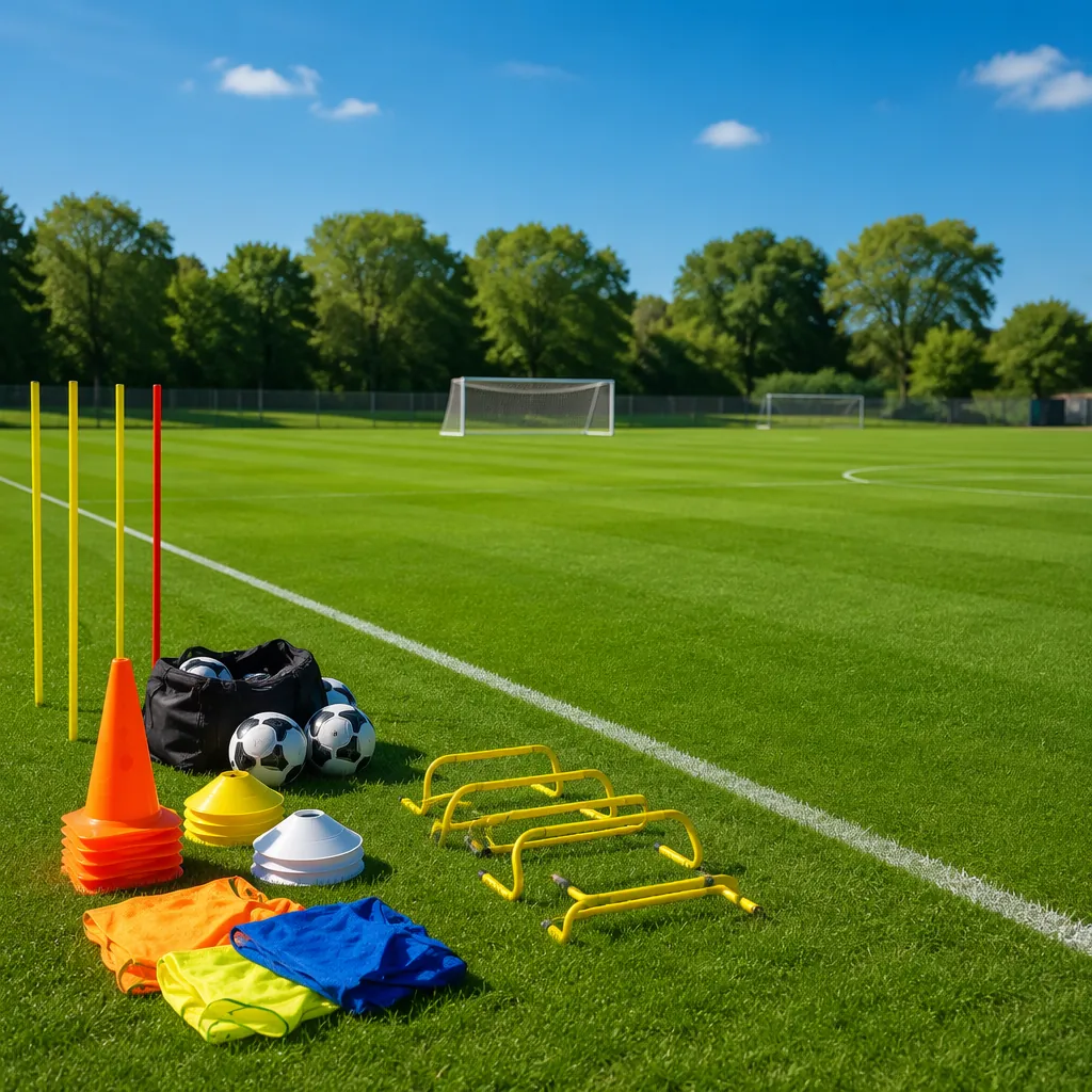 Lush green youth football training field with generic cones and training equipme