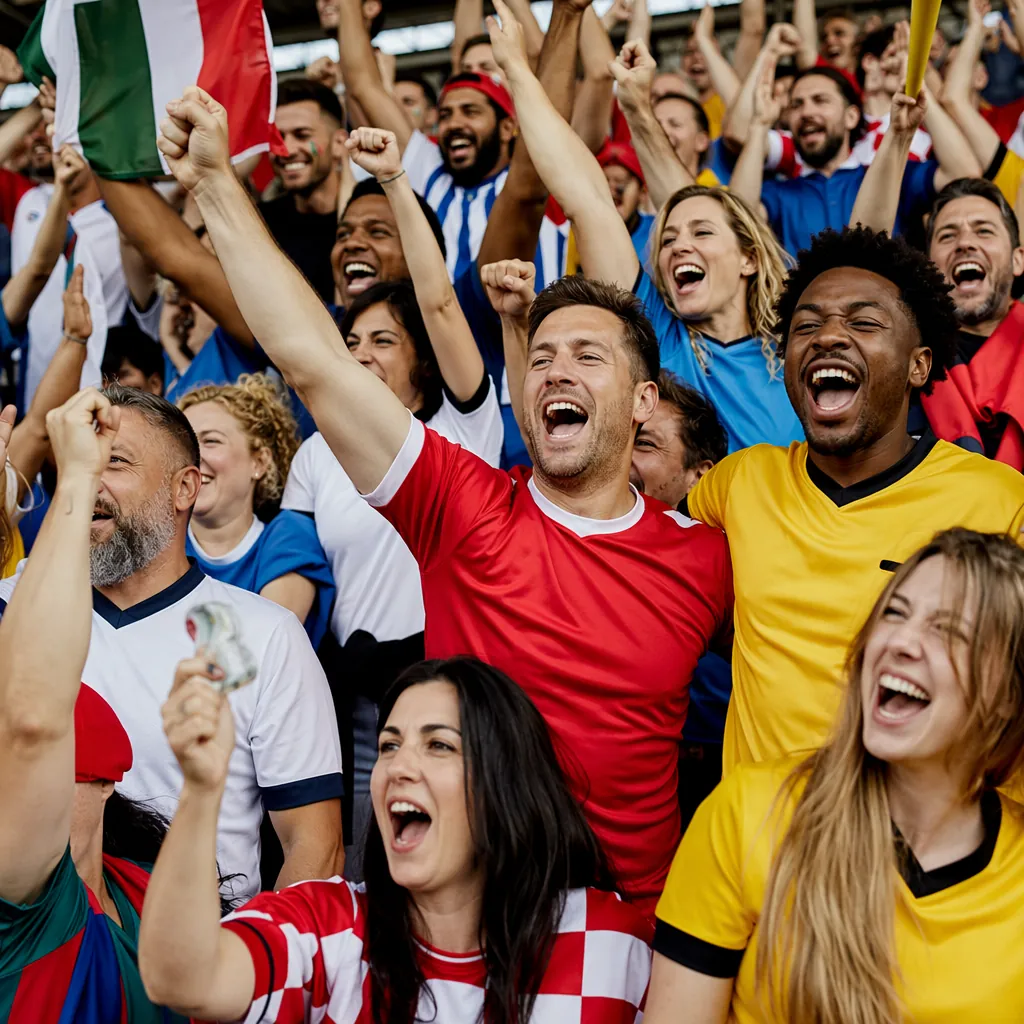 Crowd of generic football fans cheering in stadium stands, wearing unbranded col