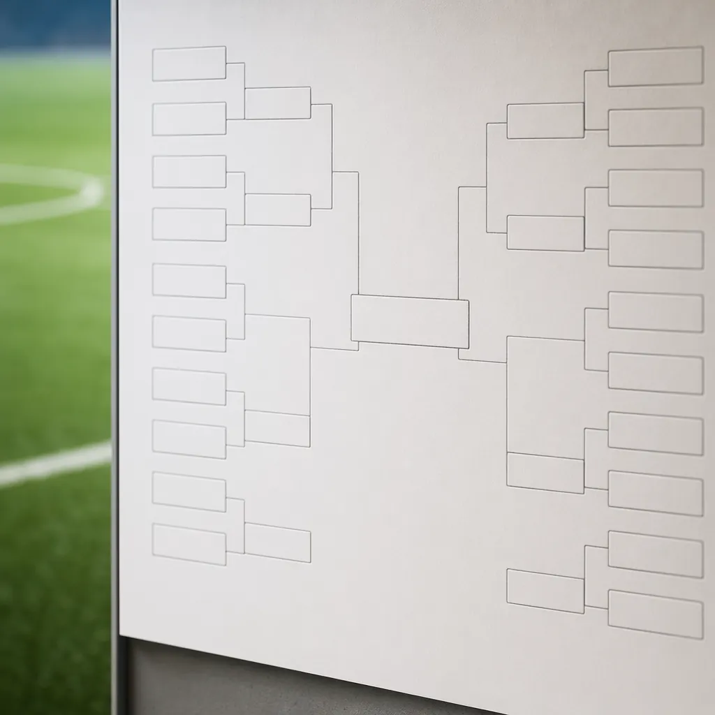 Close up of a blank world cup knockout bracket wall chart, green football pitch