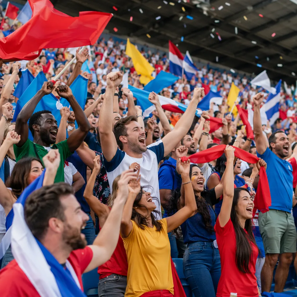 Wide shot of diverse football fans cheering in a stadium stand, holding generic