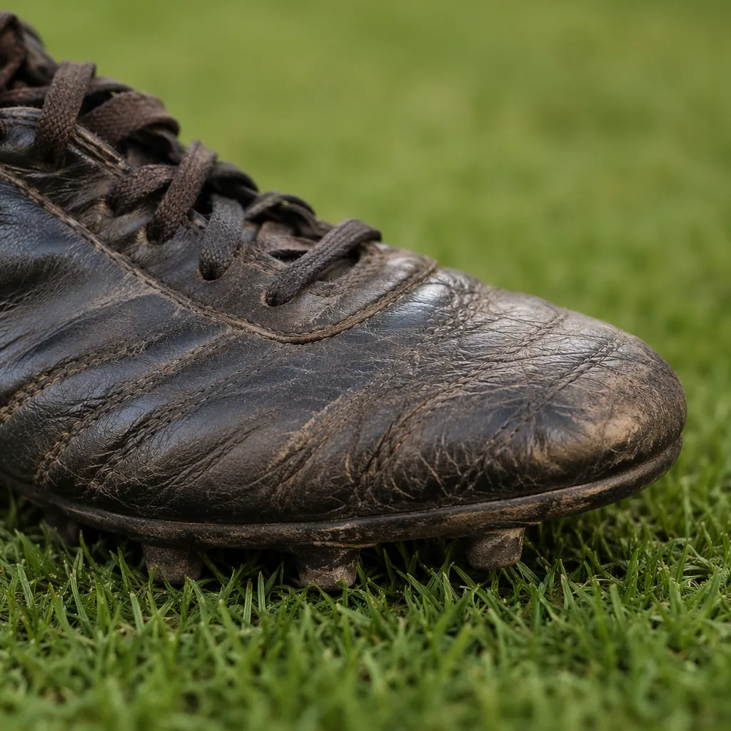 Close up of a well-worn classic leather football boot resting on green grass sur