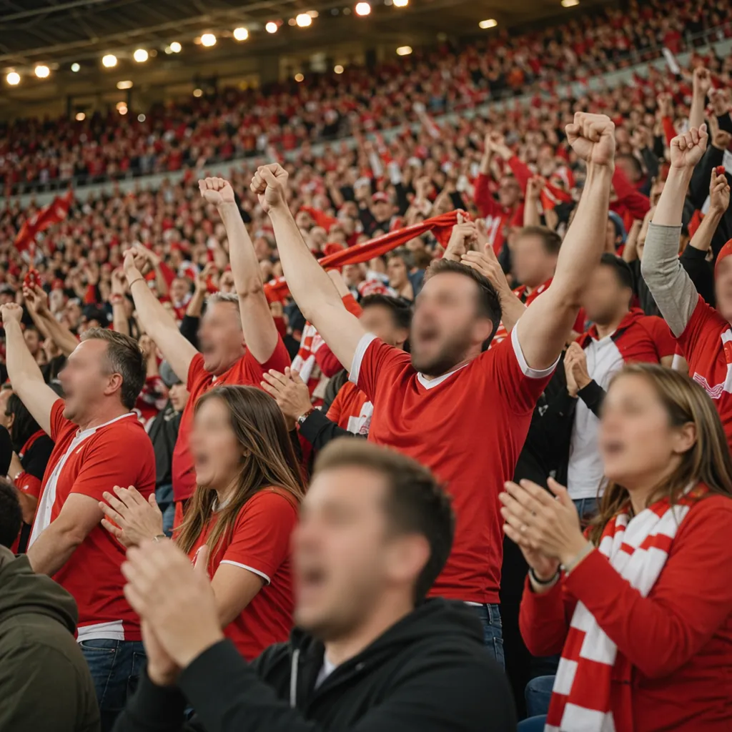 Wide shot of cheering football fans wearing red team jerseys in a stadium stand,