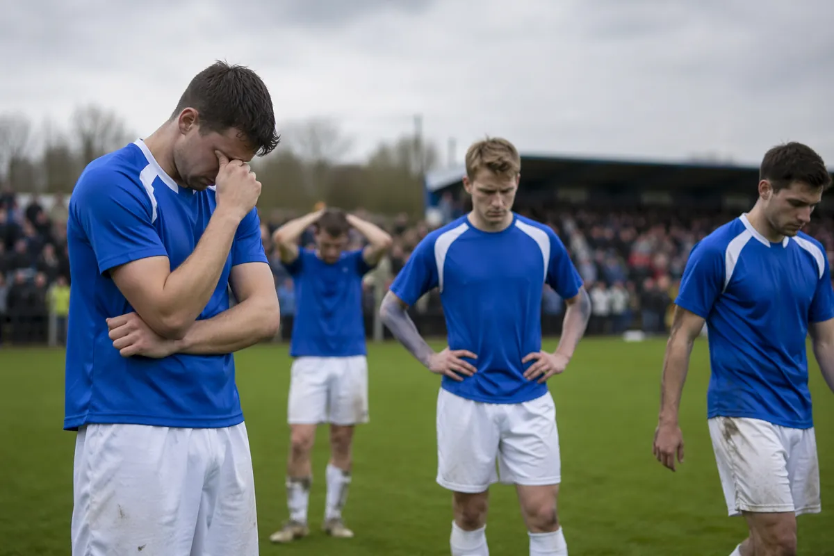 Editorial news feature image of a dejected group of male football players in generic blue
