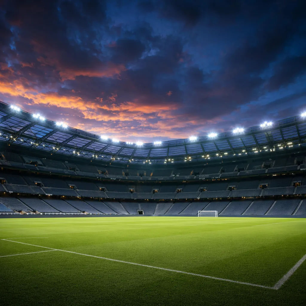 Wide shot of a generic football stadium during a twilight match, empty seats in