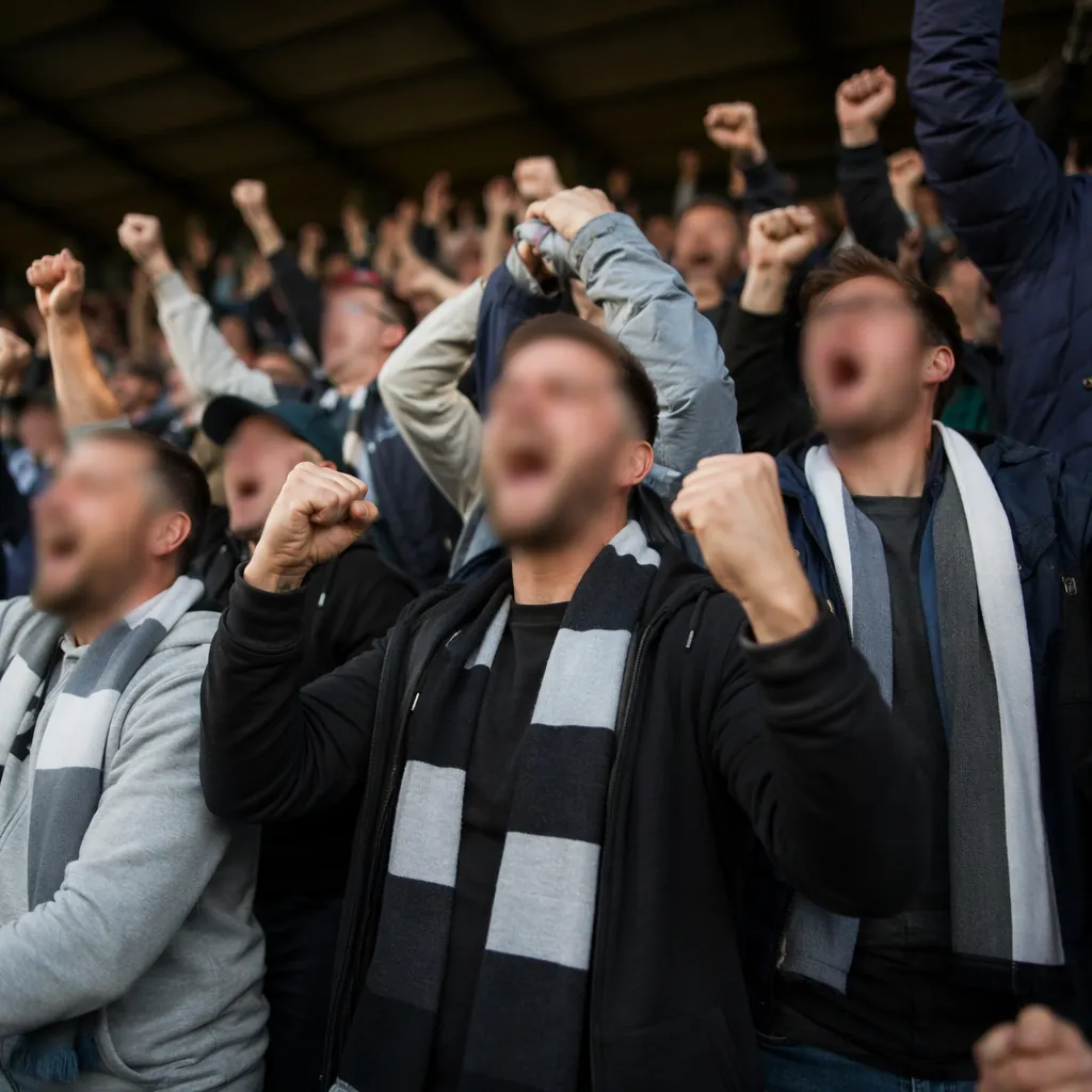 Group of generic football fans in neutral colored scarves cheering in a stadium