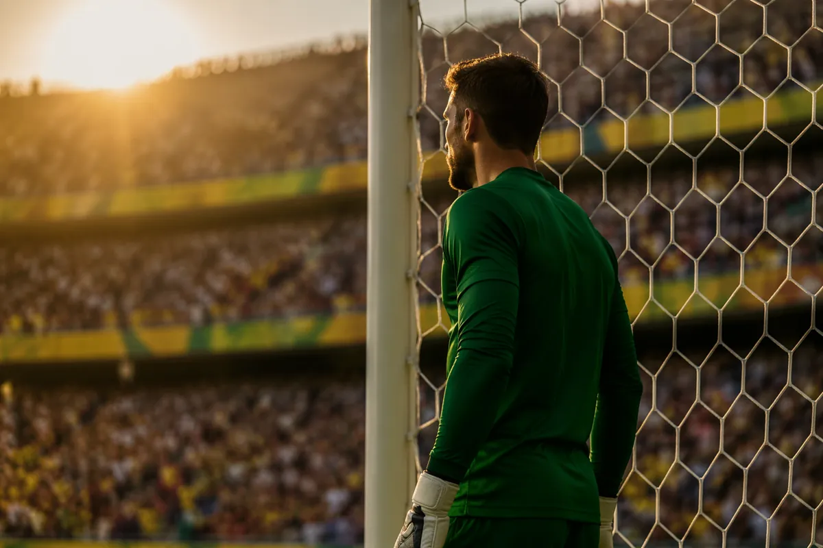 Professional editorial sports photograph of a soccer goalkeeper in generic dark green jers
