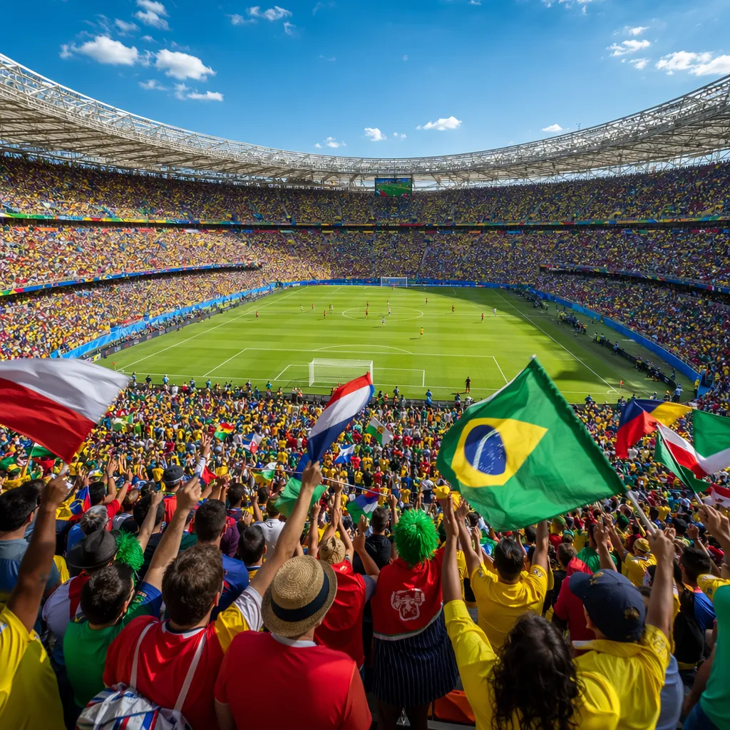 Wide shot of a packed World Cup stadium with colorful fans waving flags during a