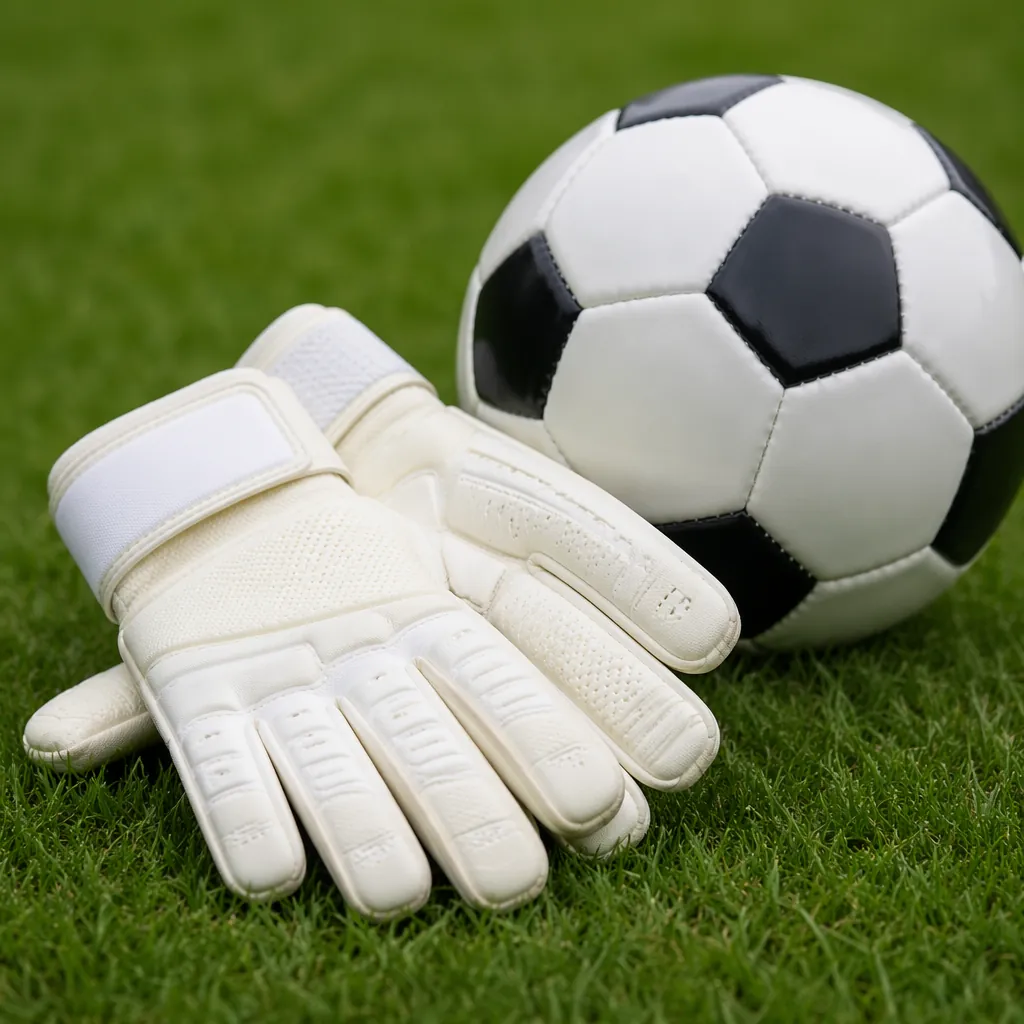 Close up shot of generic soccer goalkeeper gloves and a ball on green grass fiel