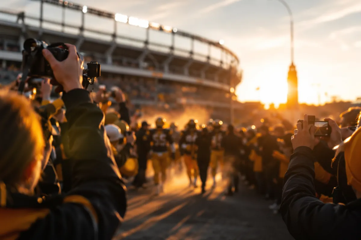 Blurry wide shot of a football stadium entrance in North America, fans holding cameras wai