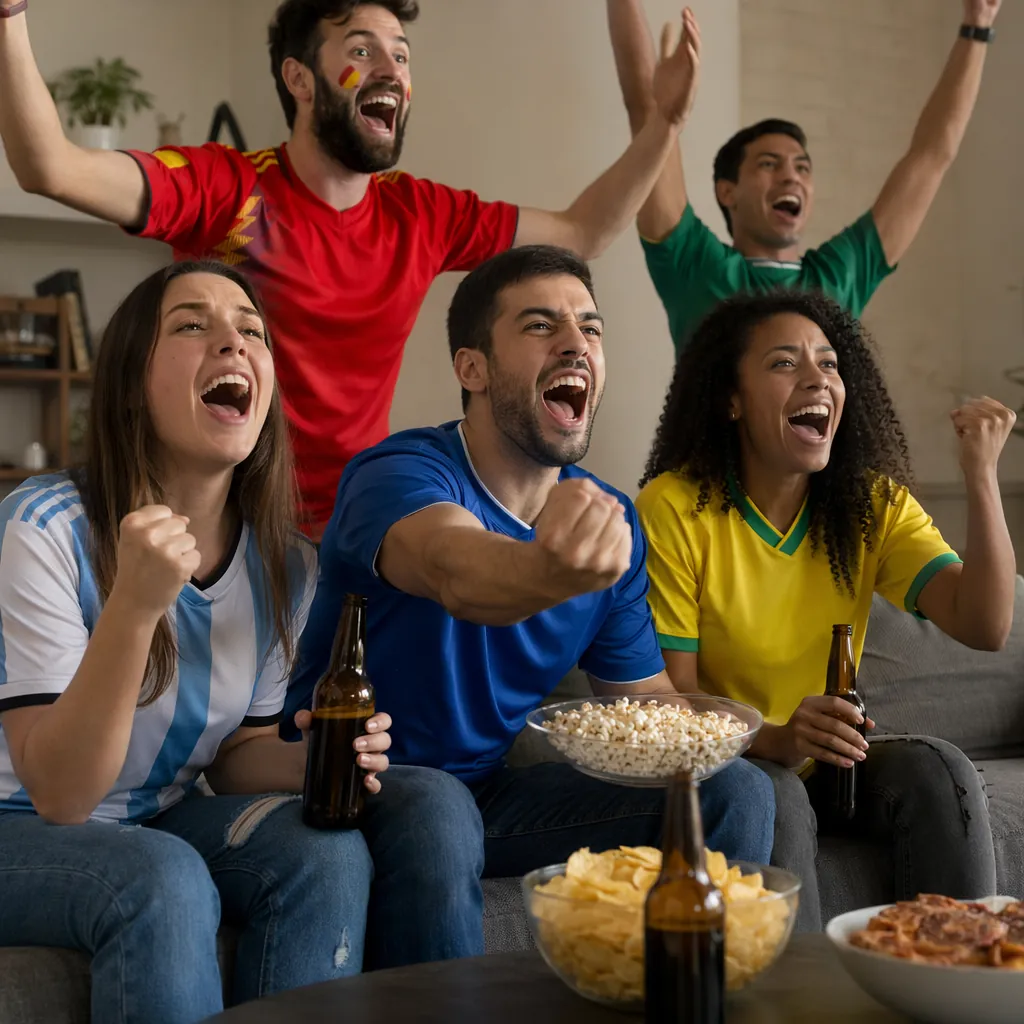 A group of football fans watching a match in a living room, wearing national tea