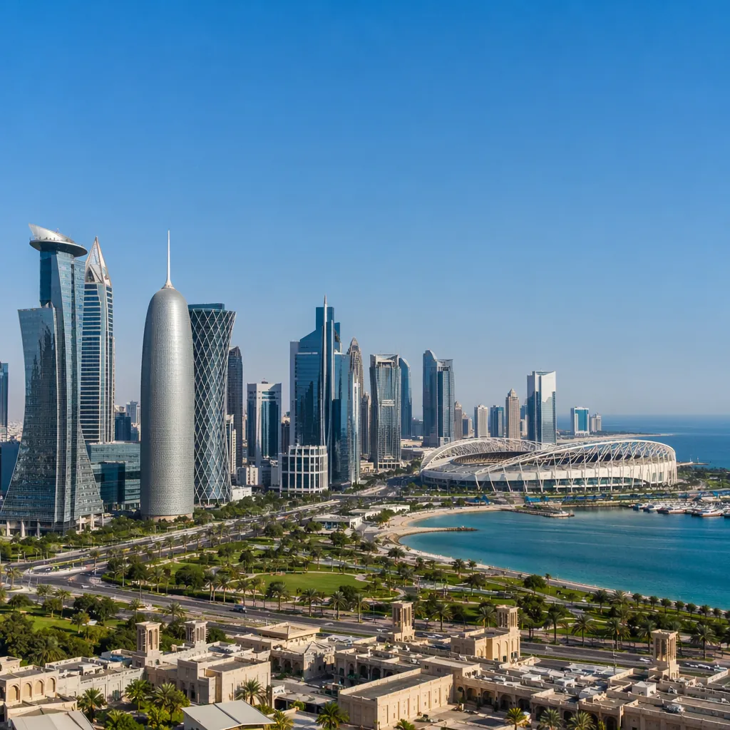 Wide shot of a modern World Cup host city skyline with a football stadium visibl