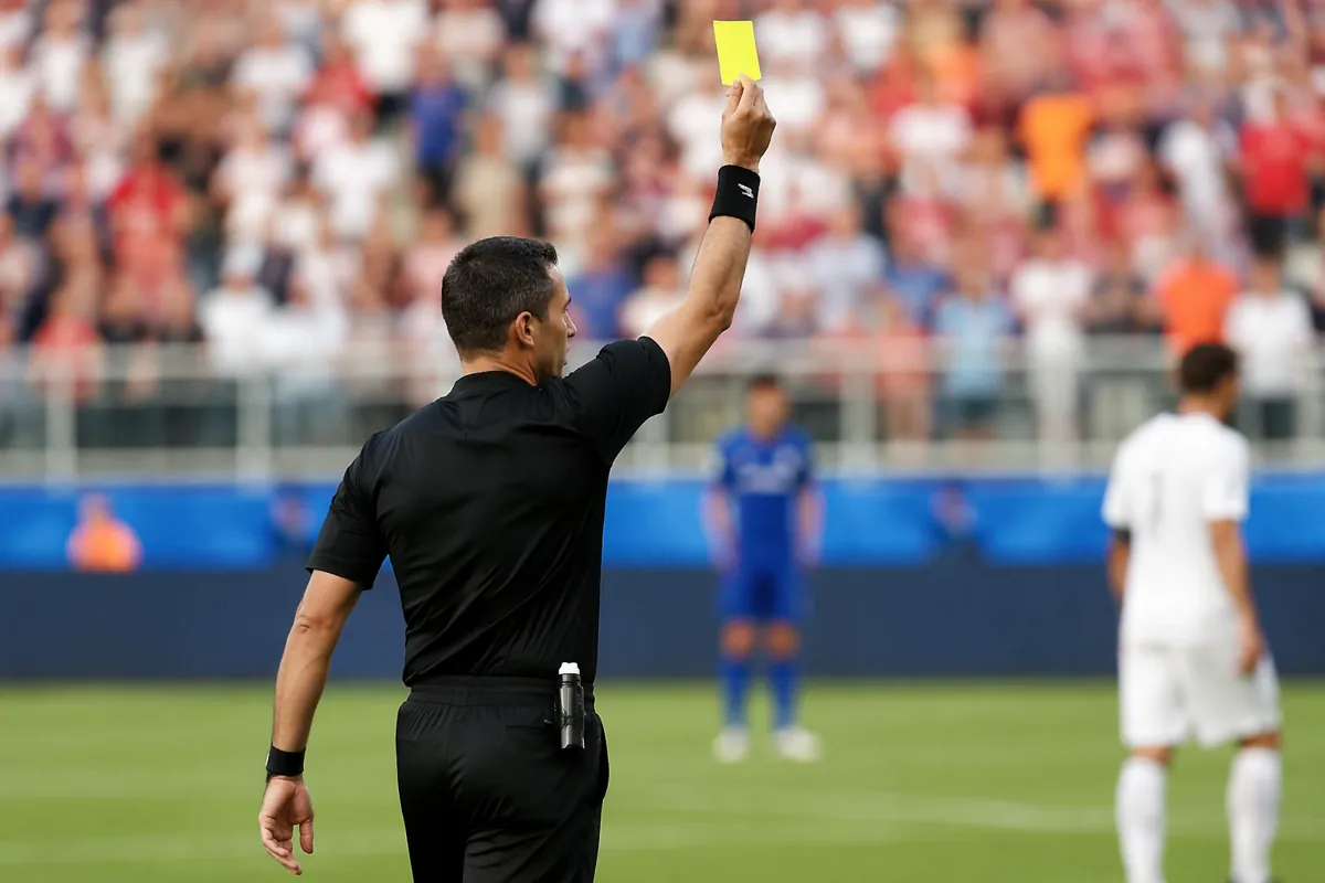 Professional football referee in black uniform showing a yellow card on a green football f
