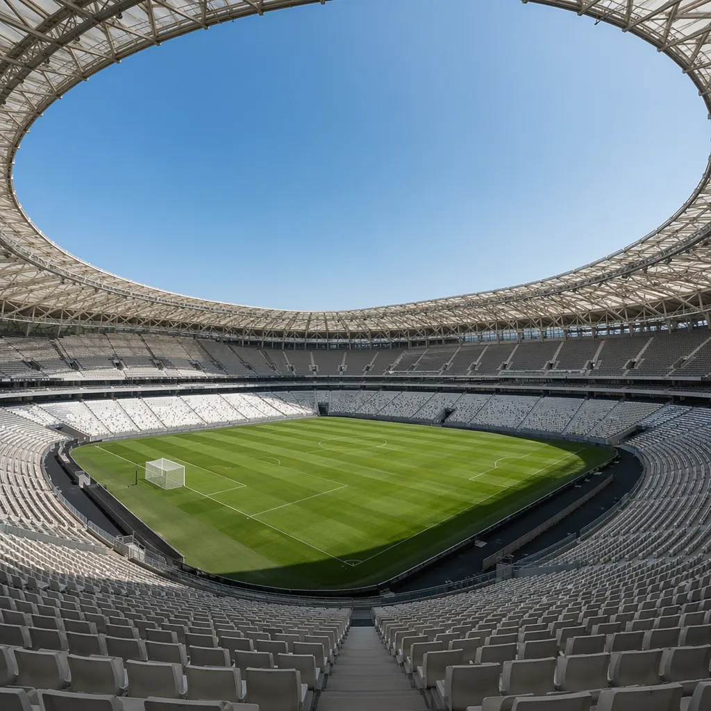 Wide shot of a modern world cup football stadium with empty seats before match,