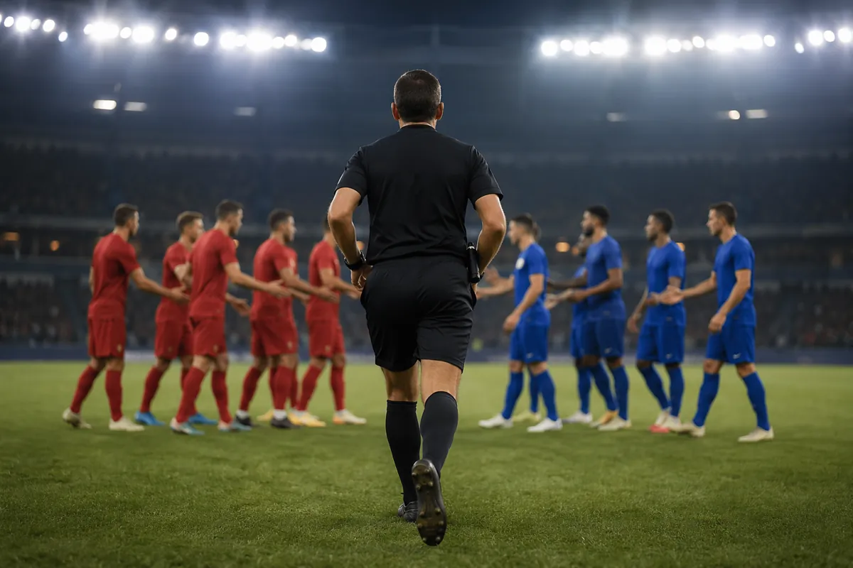 A professional soccer referee in black uniform running towards two groups of soccer player