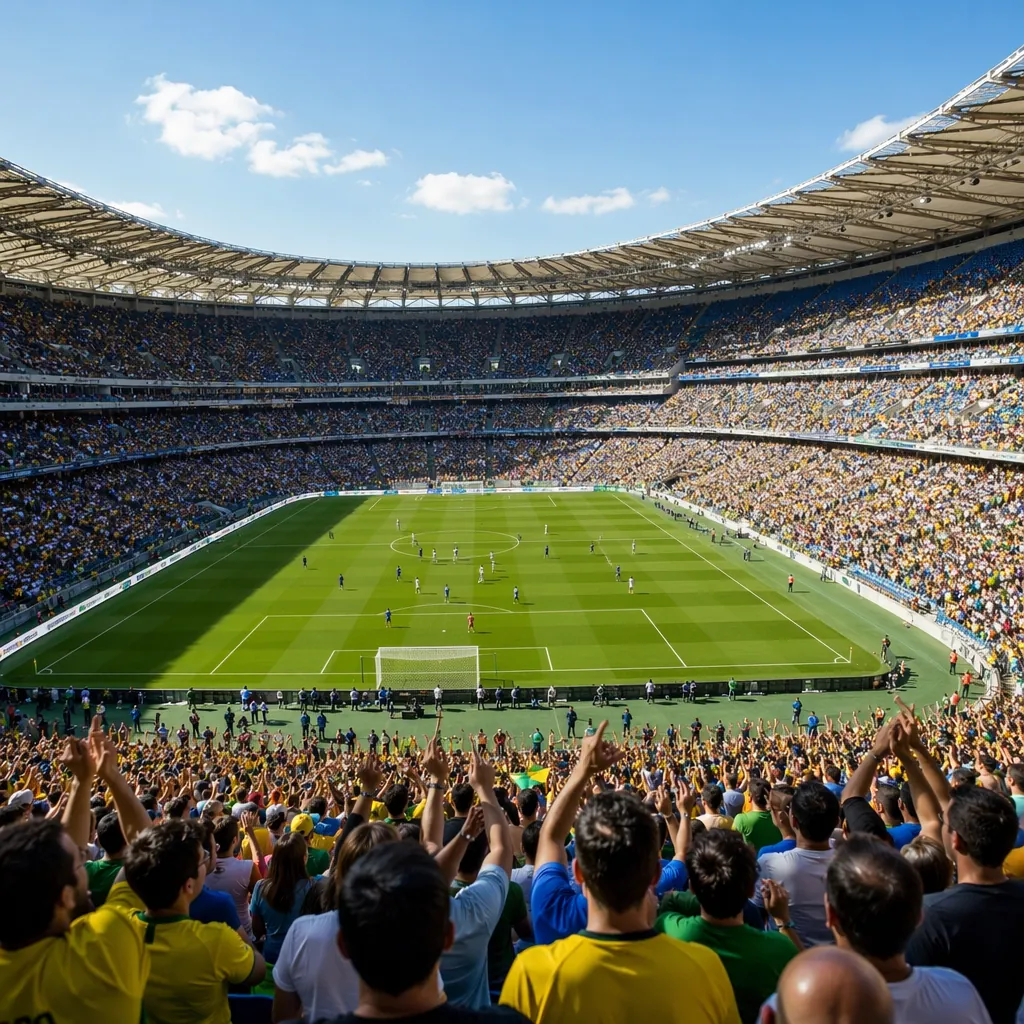 Wide shot of a large world cup style soccer stadium filled with cheering fans, n