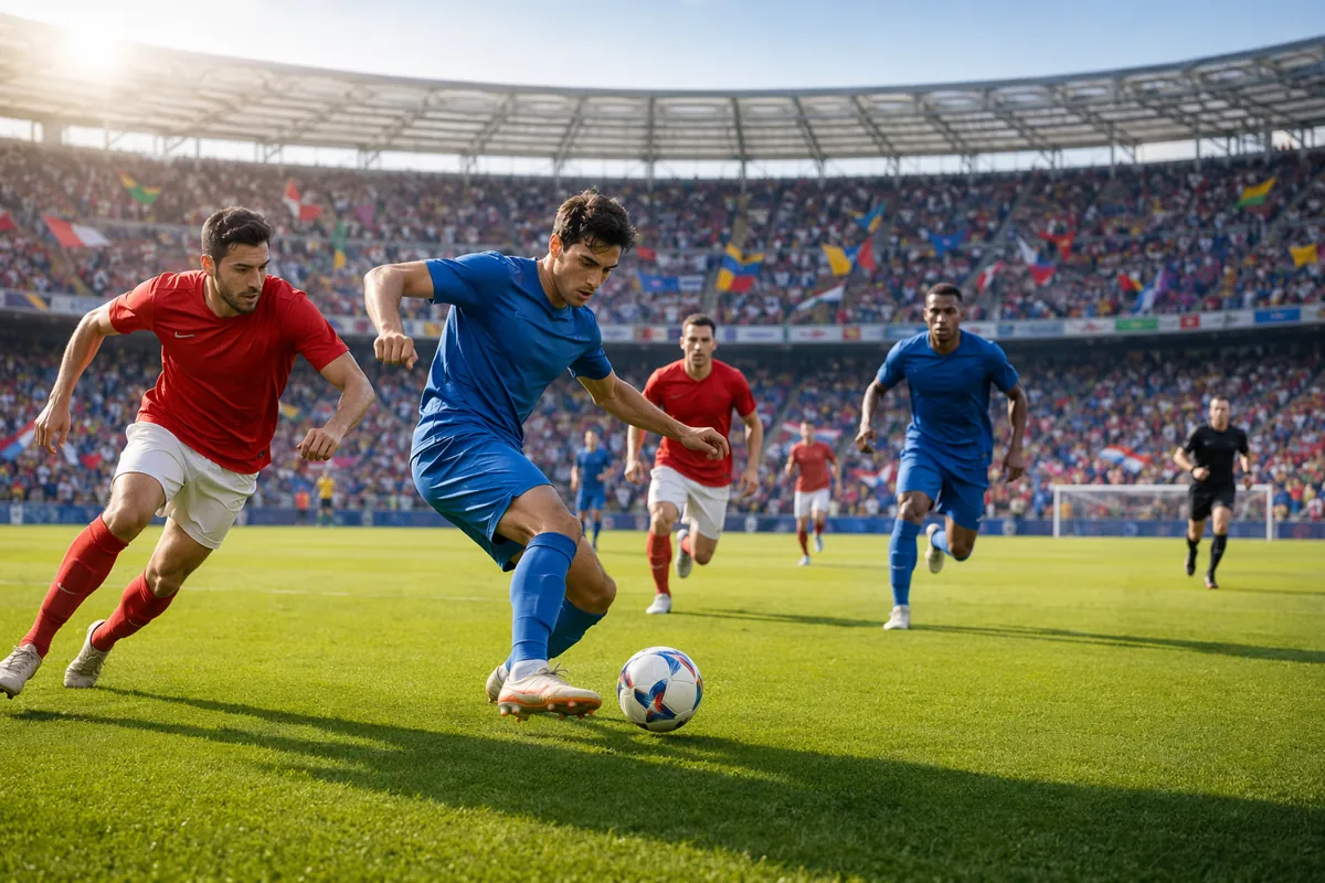 Wide shot of a vibrant professional football match scene on a sunny day, players in generi