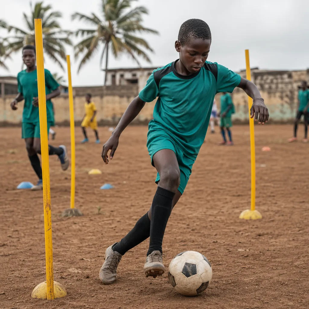 Close up of a youth football training field in a coastal West African town, youn