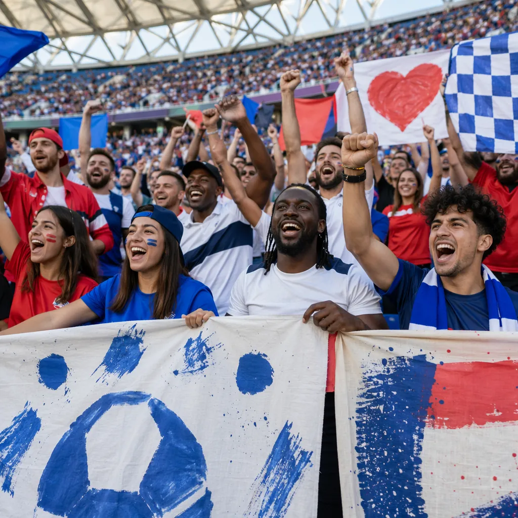 Wide shot of a diverse group of football fans celebrating in a modern stadium, w