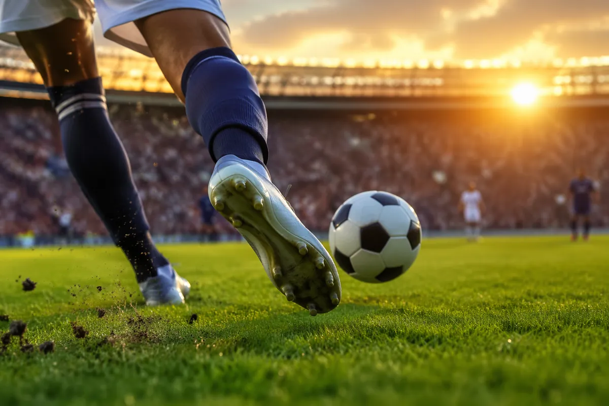 Professional sports news header image, close-up of a football player's feet kicking a foot