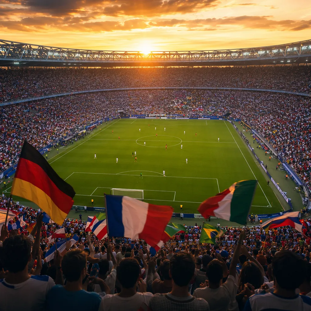Wide shot of a packed football stadium during an international friendly match, v