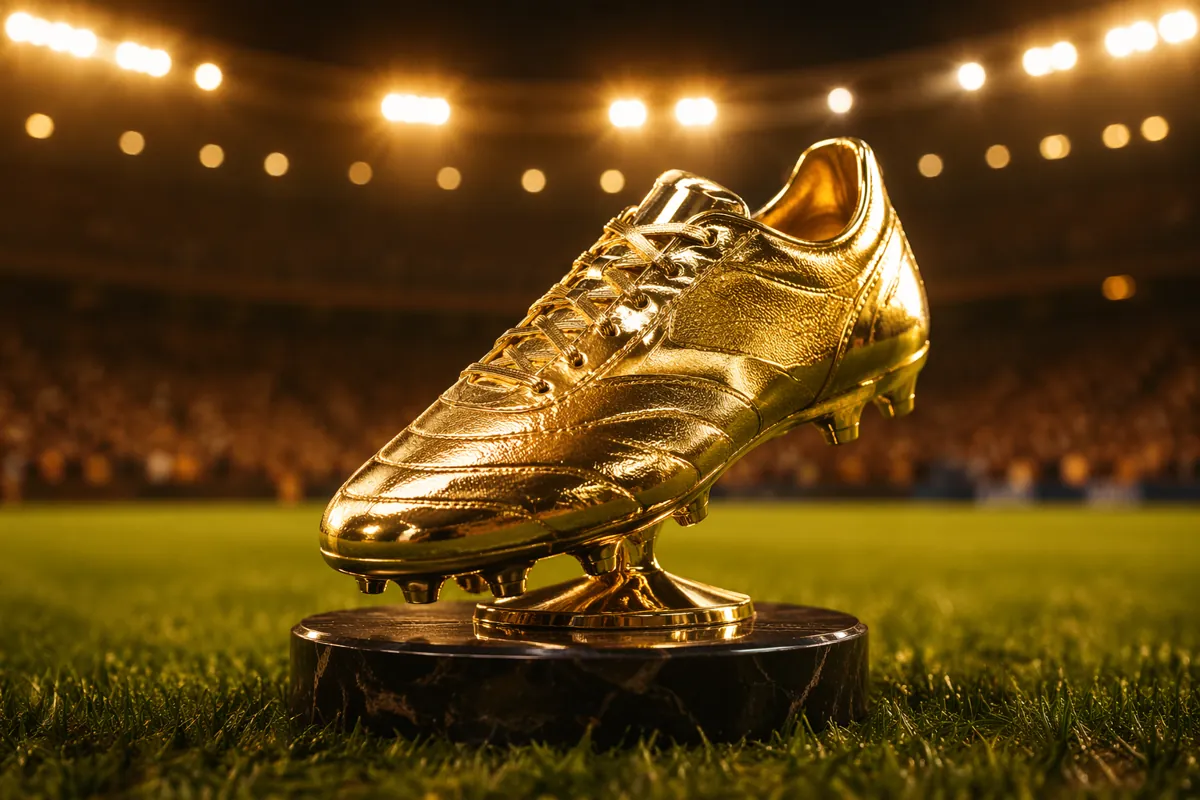 Close-up shot of a polished golden football boot trophy placed on a green football pitch,