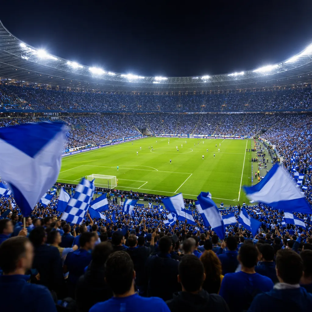 Wide shot of a packed World Cup stadium during a night match, bright floodlights