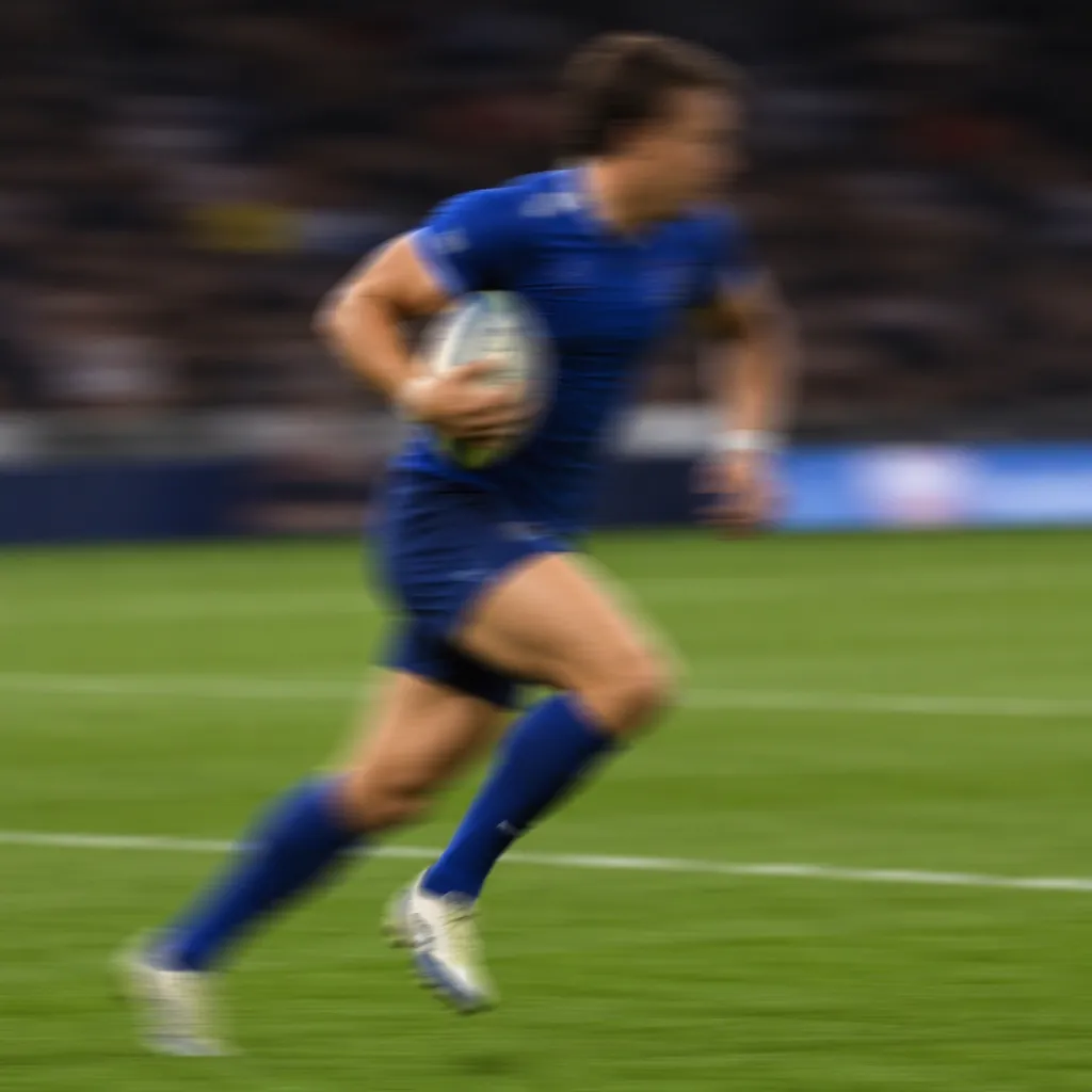 Action shot of a generic football player in a blue jersey running with the ball