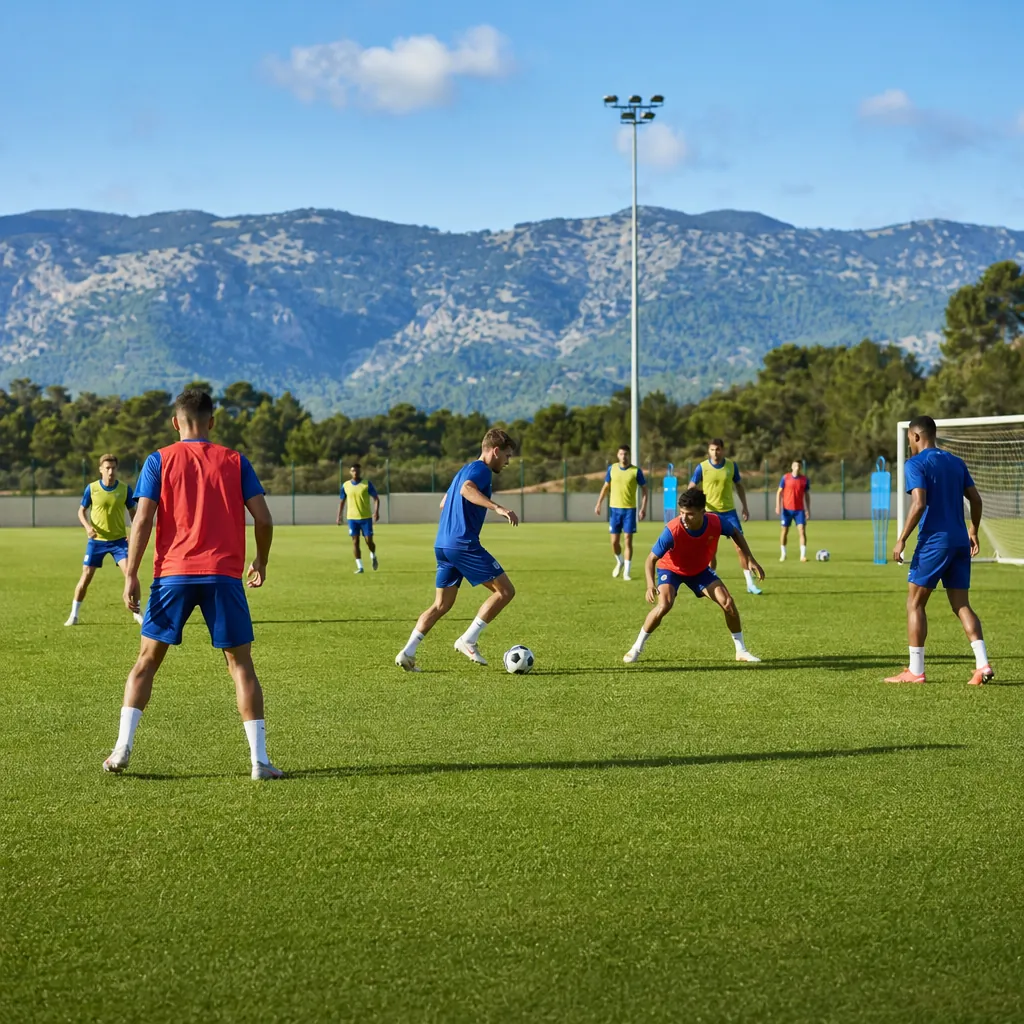 Wide shot of a generic national football team training on a sunny pitch, players
