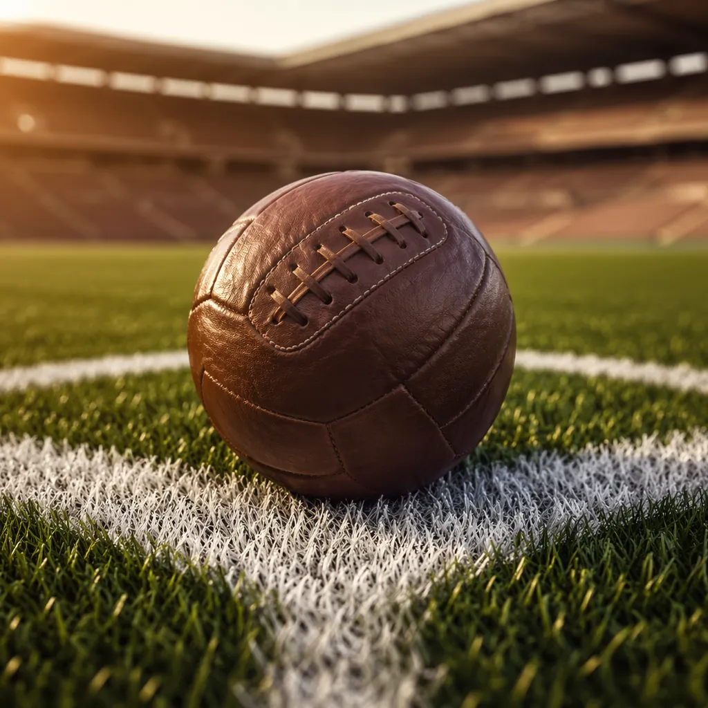 Close up of a traditional leather football placed on the center spot of a profes