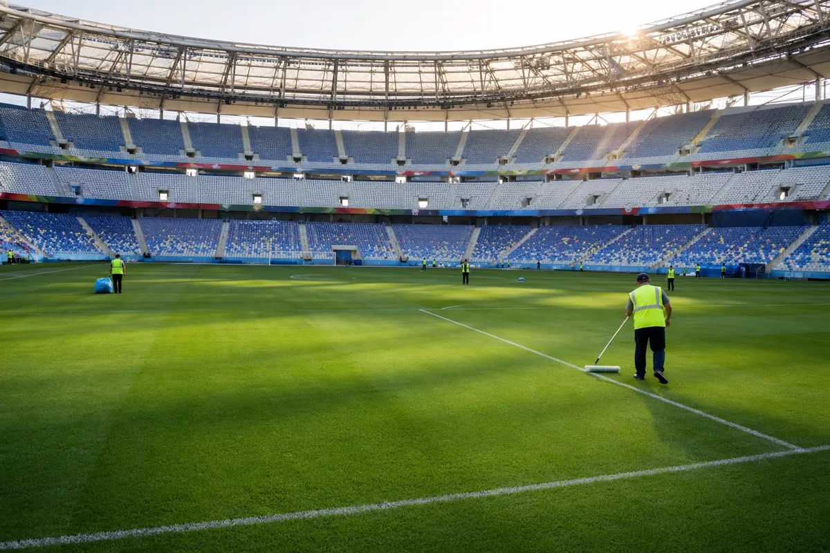 Wide shot of a well-maintained green football pitch in a World Cup stadium, soft afternoon