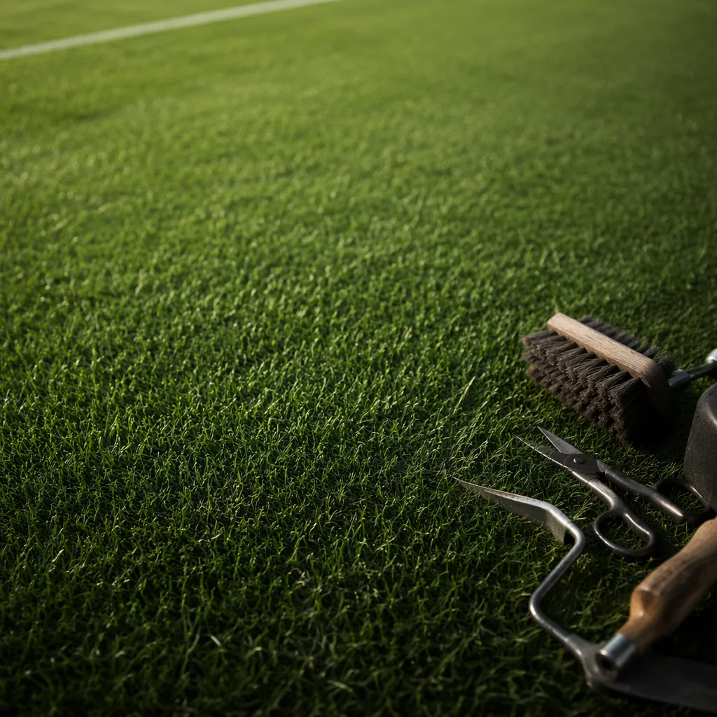 Close up of neatly trimmed football pitch grass, small maintenance tools lying o