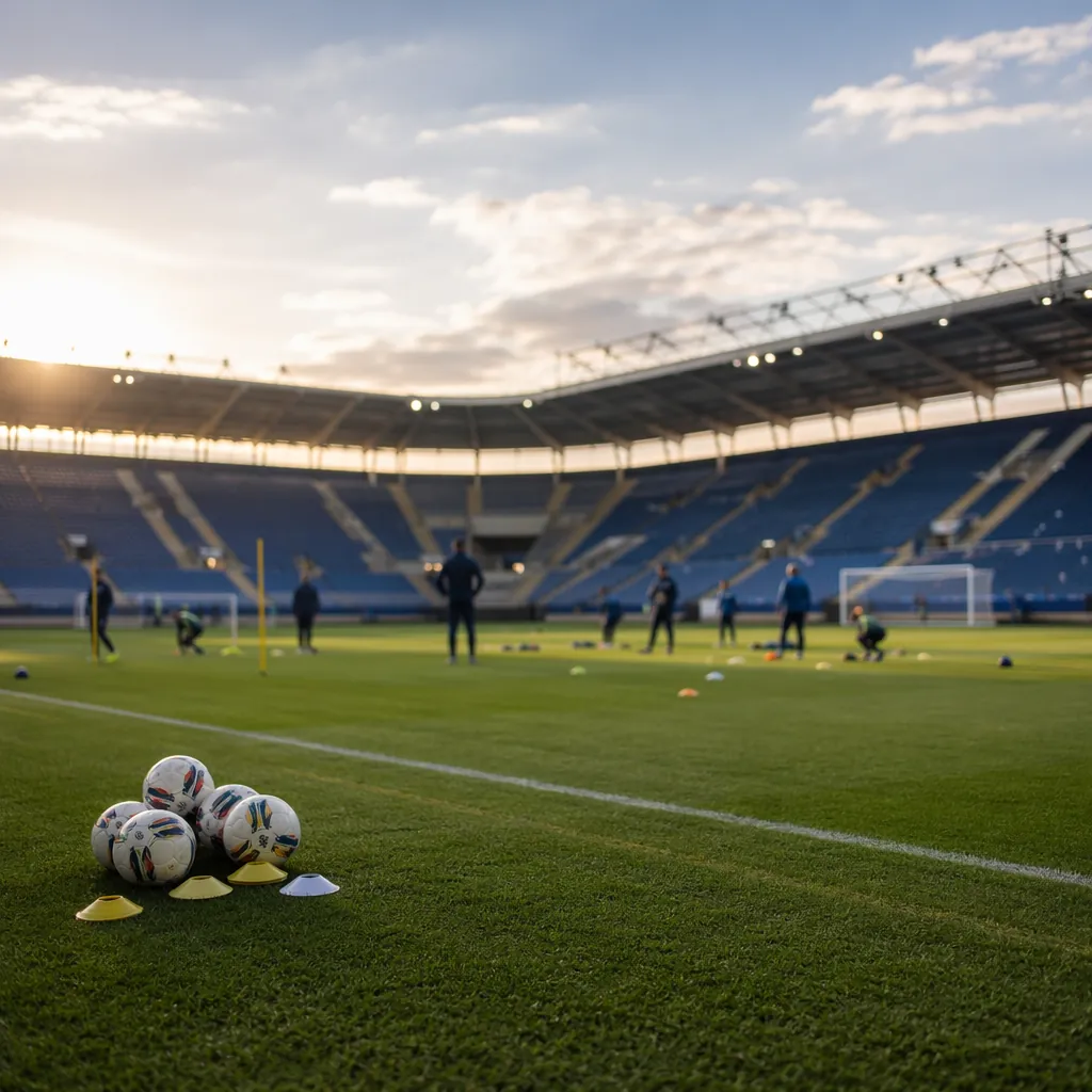 Wide shot of a football training ground, blurred figures of staff working on the