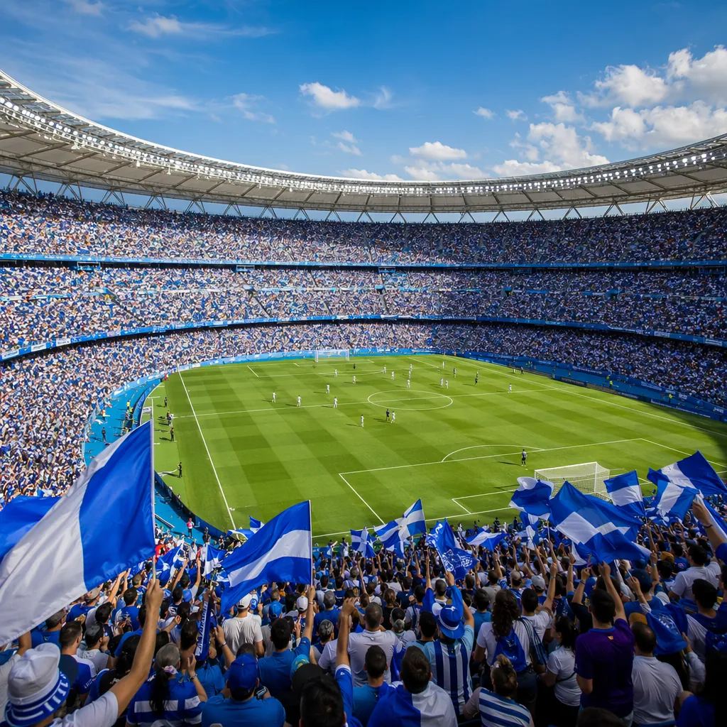 Wide shot of a packed World Cup football stadium during matchday, fans waving bl