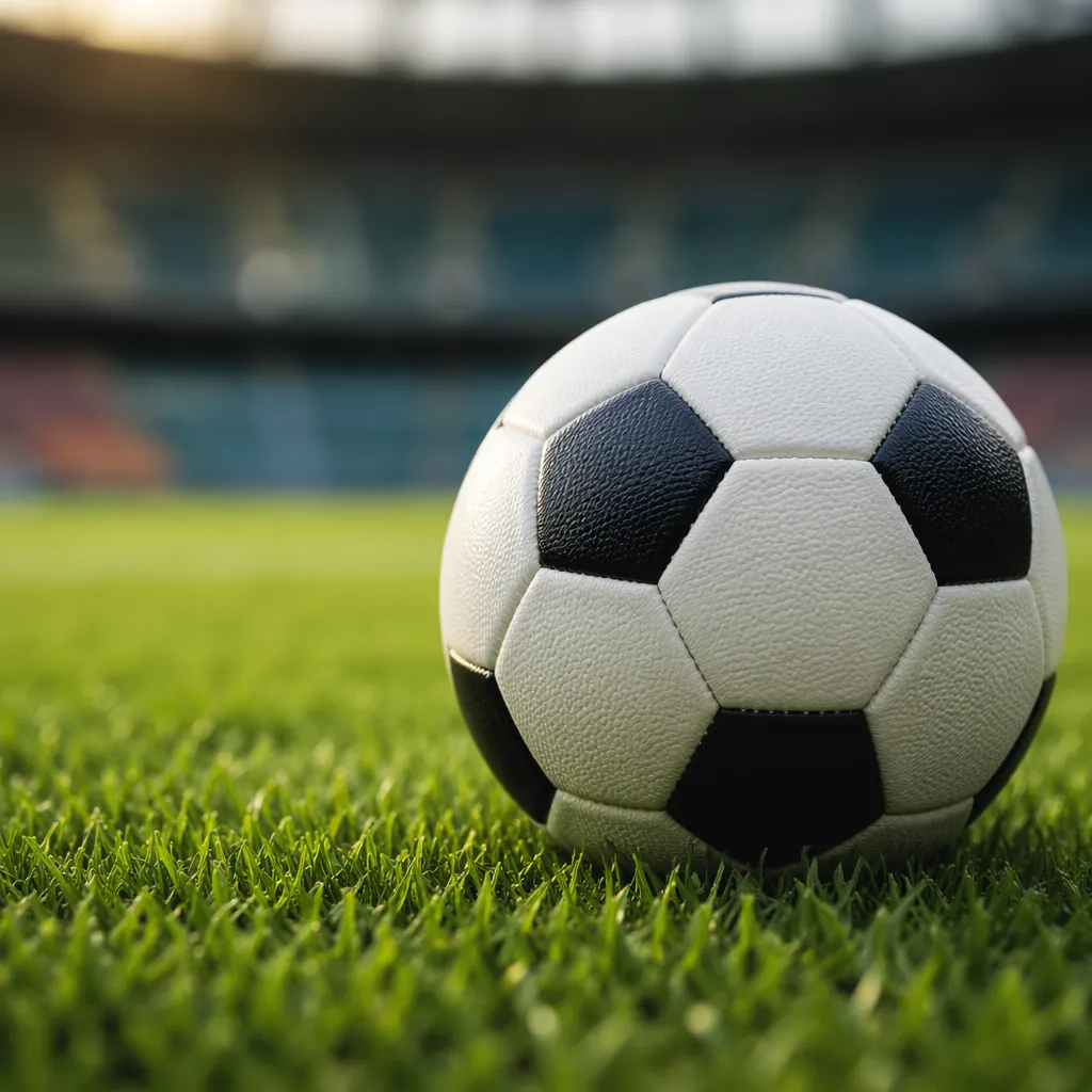 Close up of a generic football on a well-maintained green grass pitch, stadium s